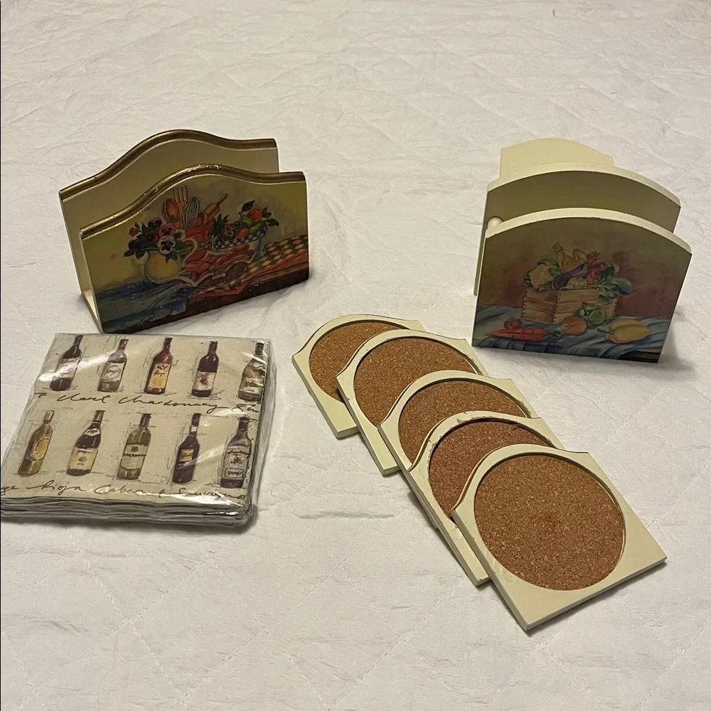 Vintage Decorative Painting Wooden Napkin Holder And Coaster Holder Set